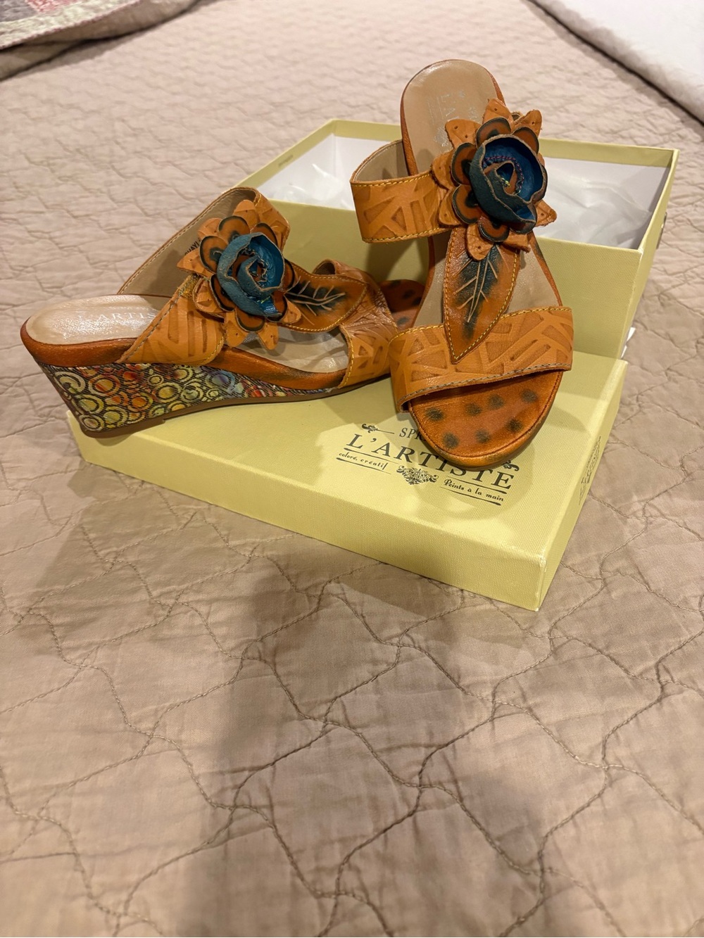 L'Artiste Orange Wedge Sandals with Blue Floral Accent